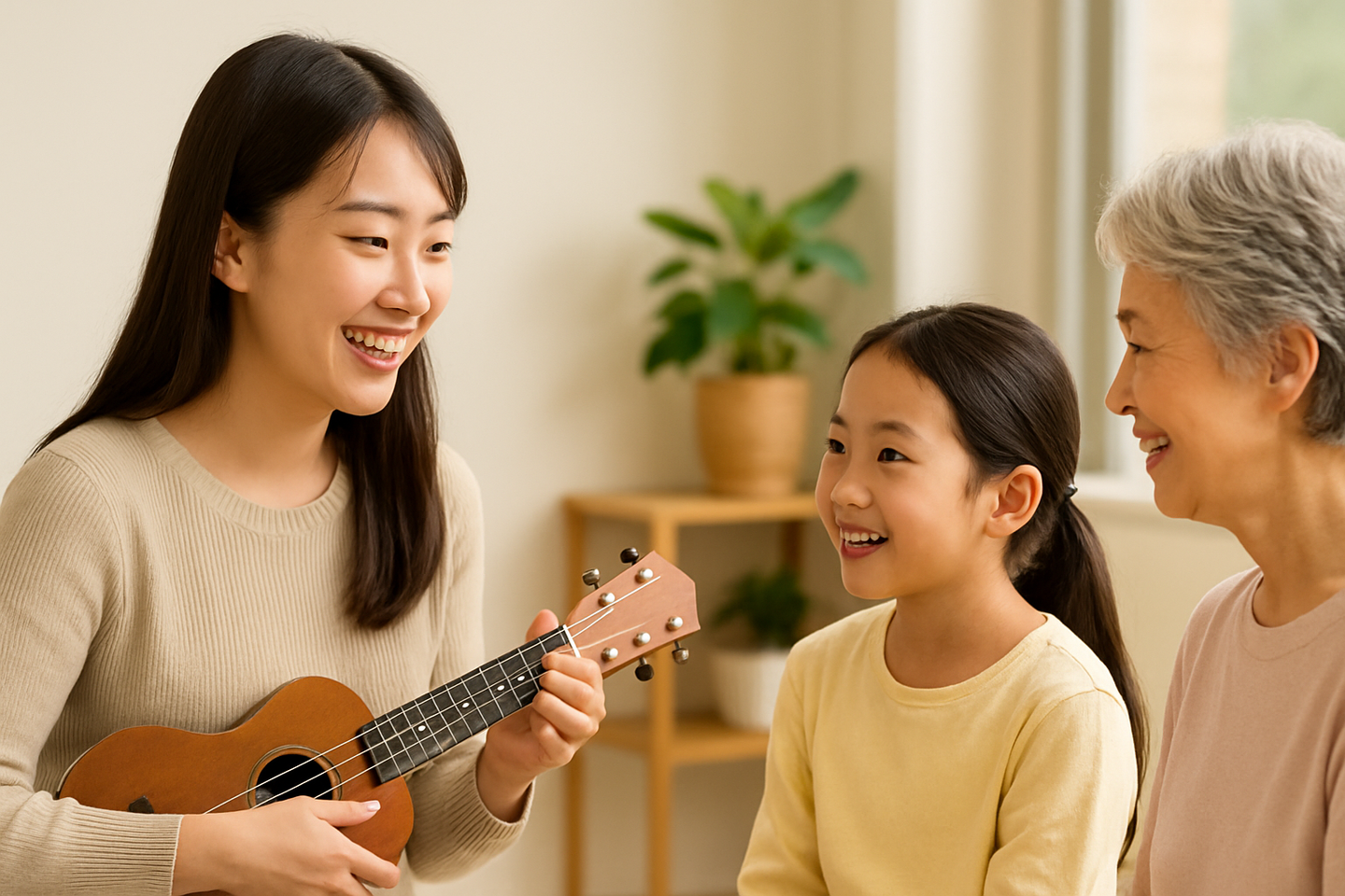 講師と生徒が楽しそうにウクレレを弾く様子