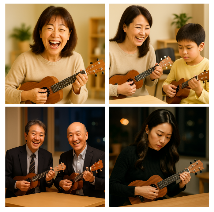 女性がウクレレを持って自信に満ちた表情を見せる