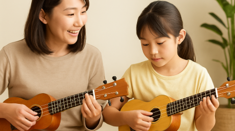 親子でウクレレを楽しむ様子